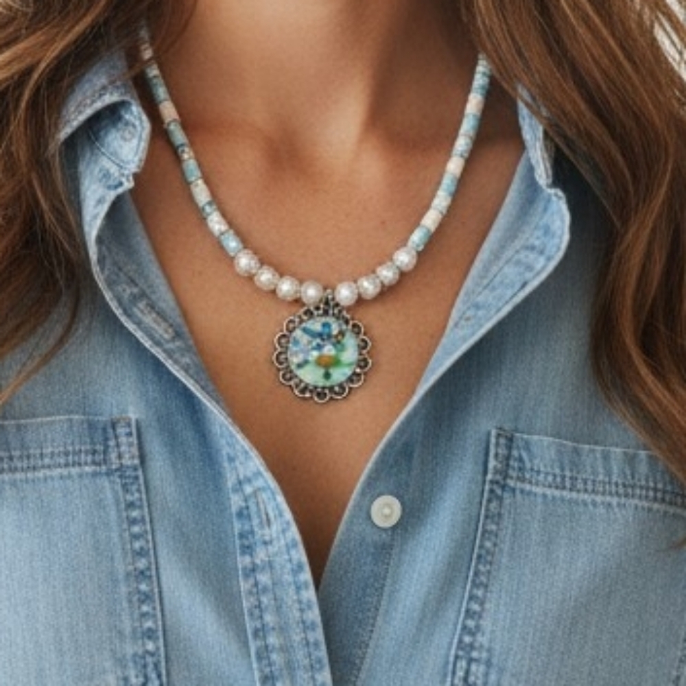Handmade Clay Bead Resin Vintage Style Picture Pendant Necklace